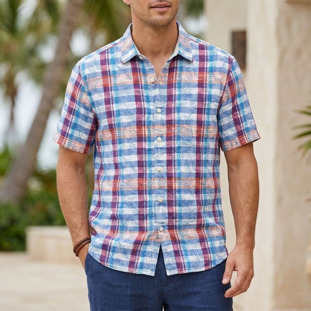 Tommy Bahama 100% Linen Shirt Mens XL Floral Pineapple Plaid Short Sleeve